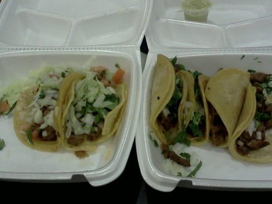 Taco's with lettuce, cilantro, onion, & Tomato  /  Taco's with onion and clinantro only.