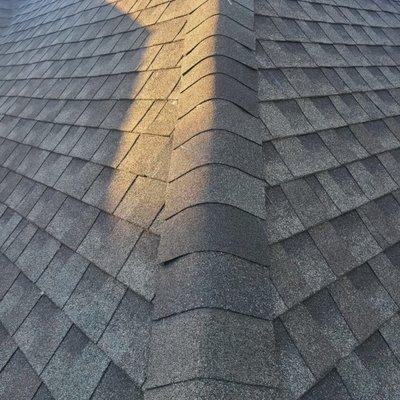 Blown off ridge replacement by VH1 Roofing using GAF 3 Tab Ridge Shingles.