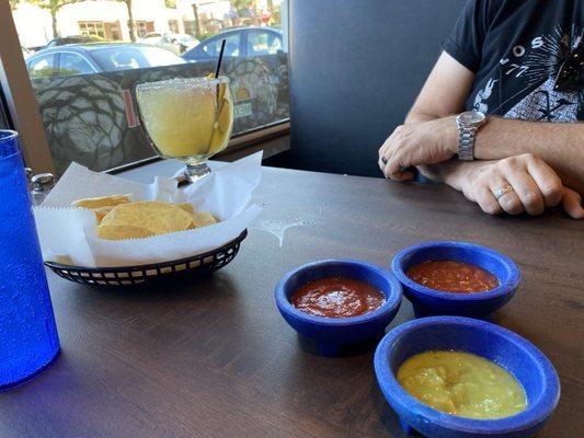 Yummy chips, salsas and margarita!