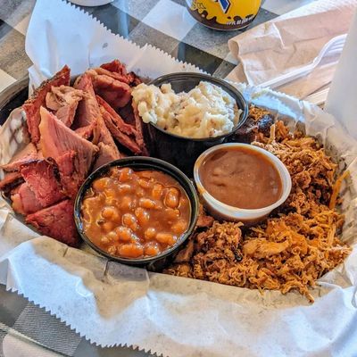 3 meat, 2 sides: brisket, pulled pork, pulled chicken, mashed potatoes, and baked beans