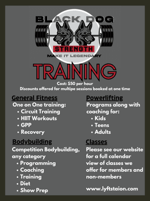 Training offered by Black Dog Strength. We also train student athletes for $150 unlimited (base on schedule) sessions a month!