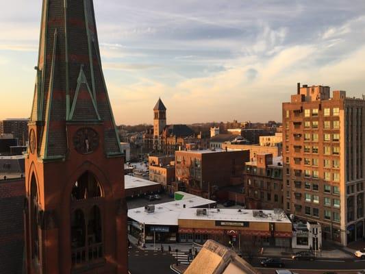 Closer view of the steeple.