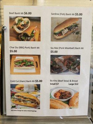 Banh mi menu