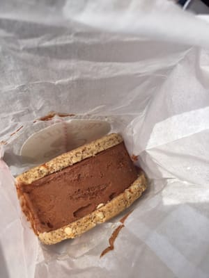 A chocolate ice cream with salty pretzel cookie sandwich.