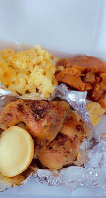 BAKED CHICKEN, MAC N' CHEESE, CANDIED YAMS, & CORN MUFFIN.