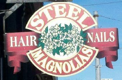 Steel Magnolias Hair & Nails, Brookston, Indiana, sign detail.