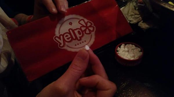 Fun times at the yelp secret social watching Zoolander 2 at Alamo Drafthouse and having tiny yelp shaped mints.