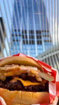 Double Plated Burger: two beef patties, American Cheese, Tomato, Fried onions, and secret sauce on a potato roll, $13 + tax + tip