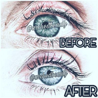 BEFORE lashes unruly and without curl AFTER Lash Lift (tm) soft natural glossy curled lashes