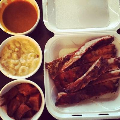 Half a slab of rib plus honey mustard sauce on the side with 2 sides: Mac n cheese, yam. ($16) --- Enough for 2 and yum!