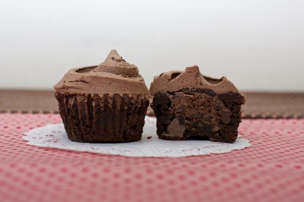 Death By Cuppie: Brownie cupcake with chocolate chocolate chip cookie inside topped with chocolate buttercream