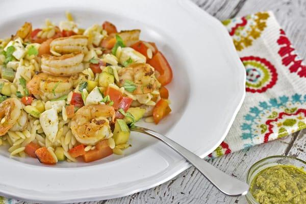 Shrimp and Orzo Salad with Summer Vegetables & Pesto Vinaigrette