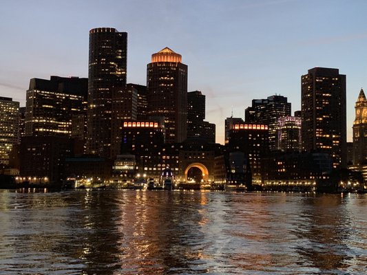 Twilight Skies over the city of Boston. The Schooner Adirondack III. In Boston