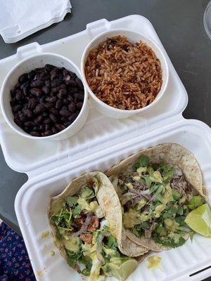 Carnitas Tacos  Side of Beans Side of Mexican Rice