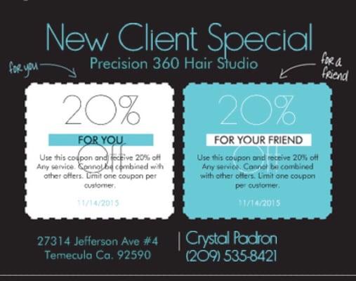 Having new client special 20% off any service. Call crystal 209-535-8421 to make an appointment