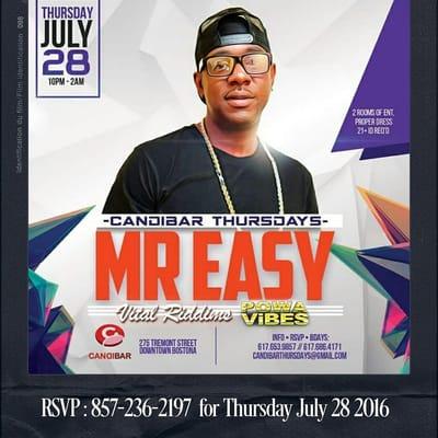 Mr. Easy will be performing LIVE Thursday Night at CandiBar NO COVER B4 11 reduced until 12 w/rsvp 857-236-2197 FMI 2 Rooms of Entertainment