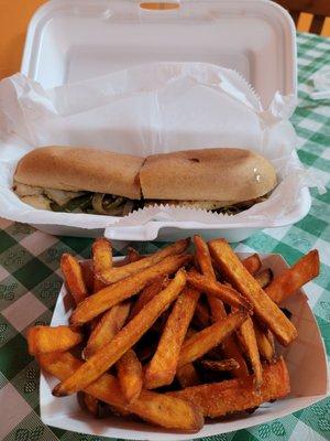 Chicken Philly and sweet potato fries