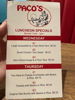 Pacos lunch specials