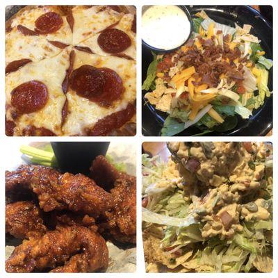 Pizza, salad, chicken wings and dip