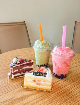 Strawberry and green tea bubble tea with whipped cream and chocolate whipped cream strawberry cake