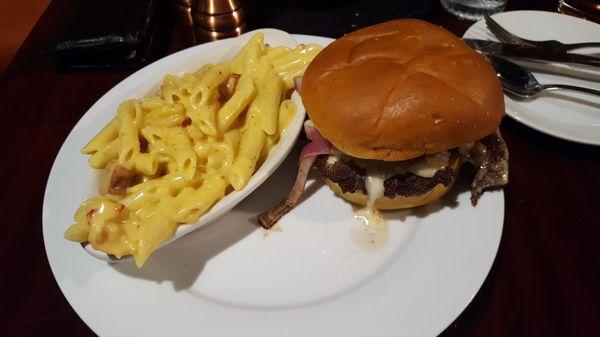 40 East Burger with crawfish Mac and cheese