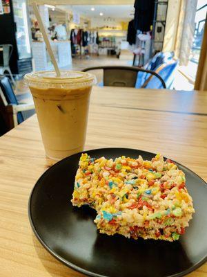 Iced latte and a fruity pebbles rice krispy treat