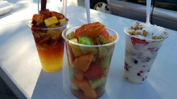 LEFT: Mangonada MIDDLE: Fruit Salad RIGHT: Frescas con Crema