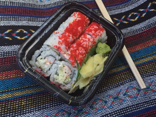 Cucumber crab roll with mayo and tobiko on top.