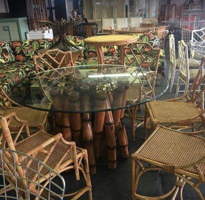 Bamboo table by Budji, Chinese Chippendale bamboo chairs, and a Knoll Harry Bertoia barstool peeking in the corner.