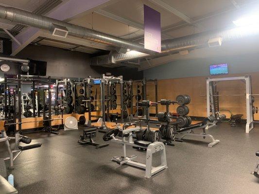 3 squat racks (Rogue rack and bumper plates), smith machine, and PLENTY of space and availability!!