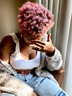 Custom color rose gold/coral pink natural hair.