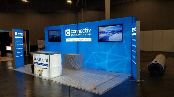 (2) 10' x 8' backdrops to make 20' x 8' backlit wall for tradeshow in Vegas with lighted counter