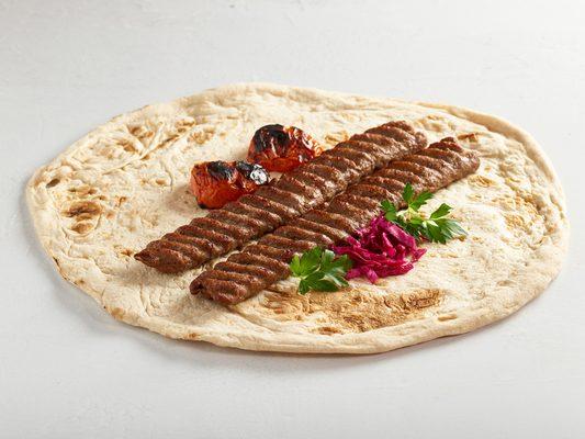 Ground Beef with Bread (Nan-e Dagh Kabob-e Dagh)
Showing with two skewers.