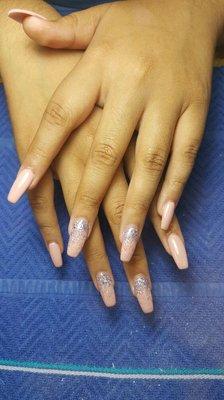 Nails done by Angie. Ombre gel painted in nude and glitter.