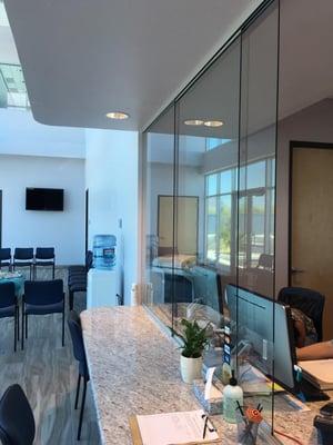 sliding glass windows @ reception desk