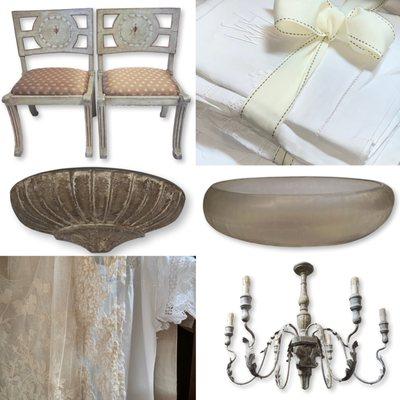 We have a high quality assortment of antique linens, lighting fixtures, textiles and accessories!