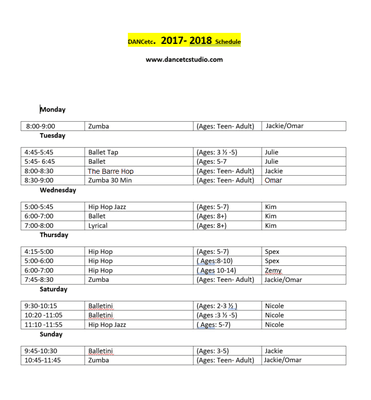 DANCetc. Current Schedule 2017-2018