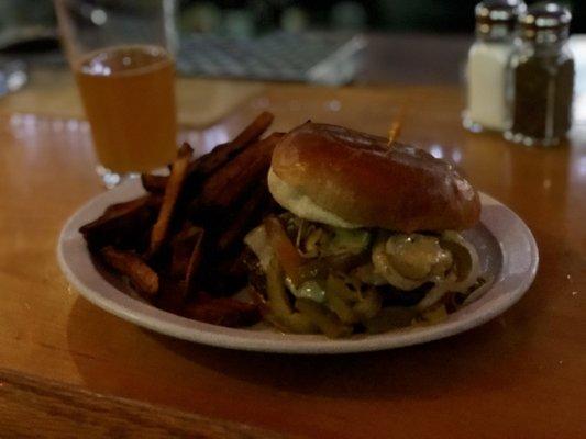 Burger and fries with PBR