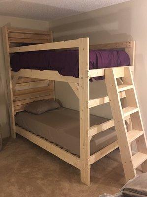 Twin XL over Twin XL, HD ladder, slatted headboards, double shelves, corner and rung braces.