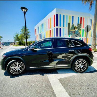 2021 Mercedes Benz GLA 45 with ceramic window tinting installed at the Lake Nona tint shop in Orlando.