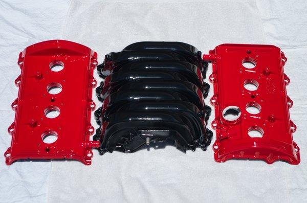 The valve covers were powder coated but I painted the intake manifold after Nick prepped it. Excellent finish on both thanks to RMS.