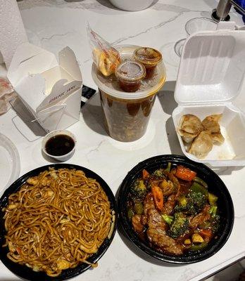 Chicken lo mein, hot and sour soup, hunan beef, chicken dumplings