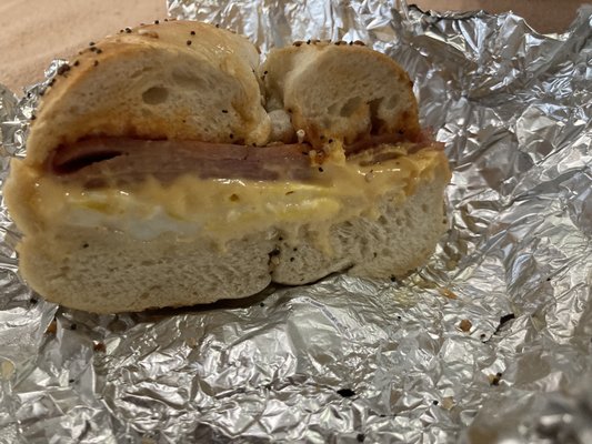 Pork roll, egg and cheese on everything bagel