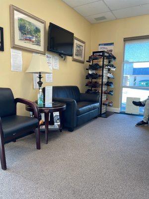 Lobby with display of sensible shoes.