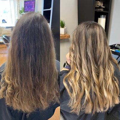 Balayage retouch with gloss,Olaplex treatments and cut and style