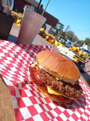 Fried bologna on a juicy burger.  Just yum.