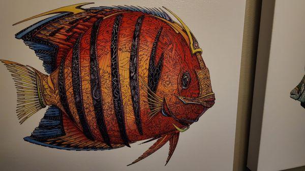 Close-up of the detailed work of one of Alex Gupton's works from striking"fish series".    Recommend you visit his Kona Gallery in Hawaii.