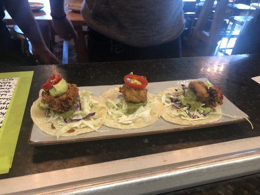 Pork rind crusted fried oyster taco w/ low carb tortillas