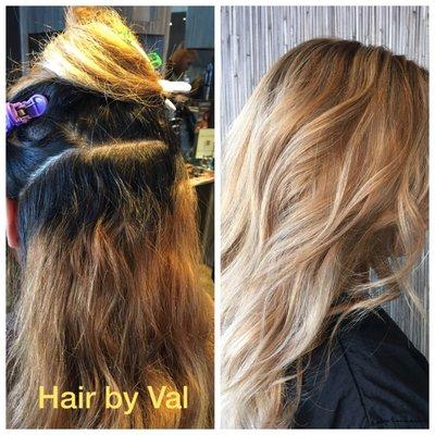 I love a challenge, really dark natural hair regrow the with a golden ring from previous color. Full foil and heat, beautiful blonde.