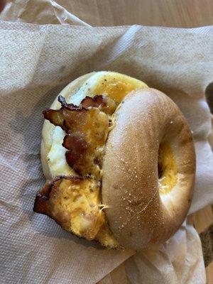 Bacon, egg and cheddar bagel.